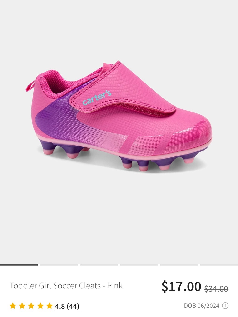 Carter's Bright Pink Toddler Soccer Cleats with Purple Accents
